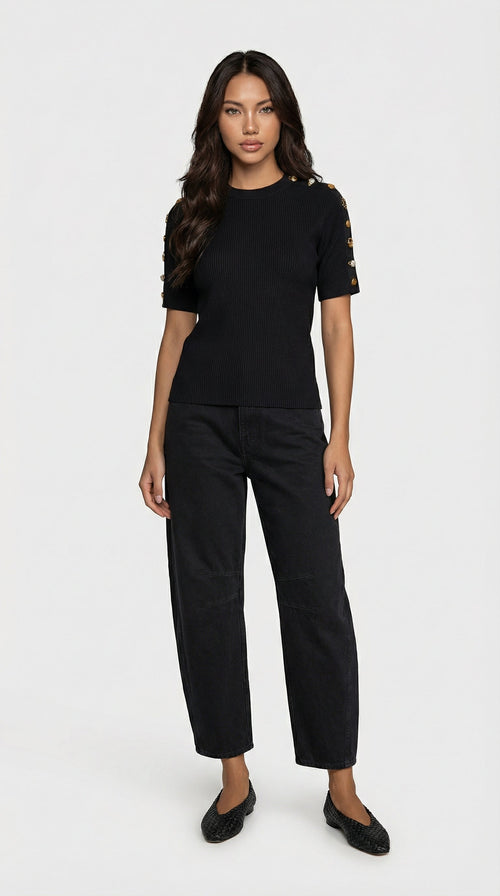Avena - Metal Buckle Cotton Knitted T-shirt Black