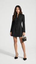 Savi - Stand-Collar Buttoned Office Blazer Dress Black