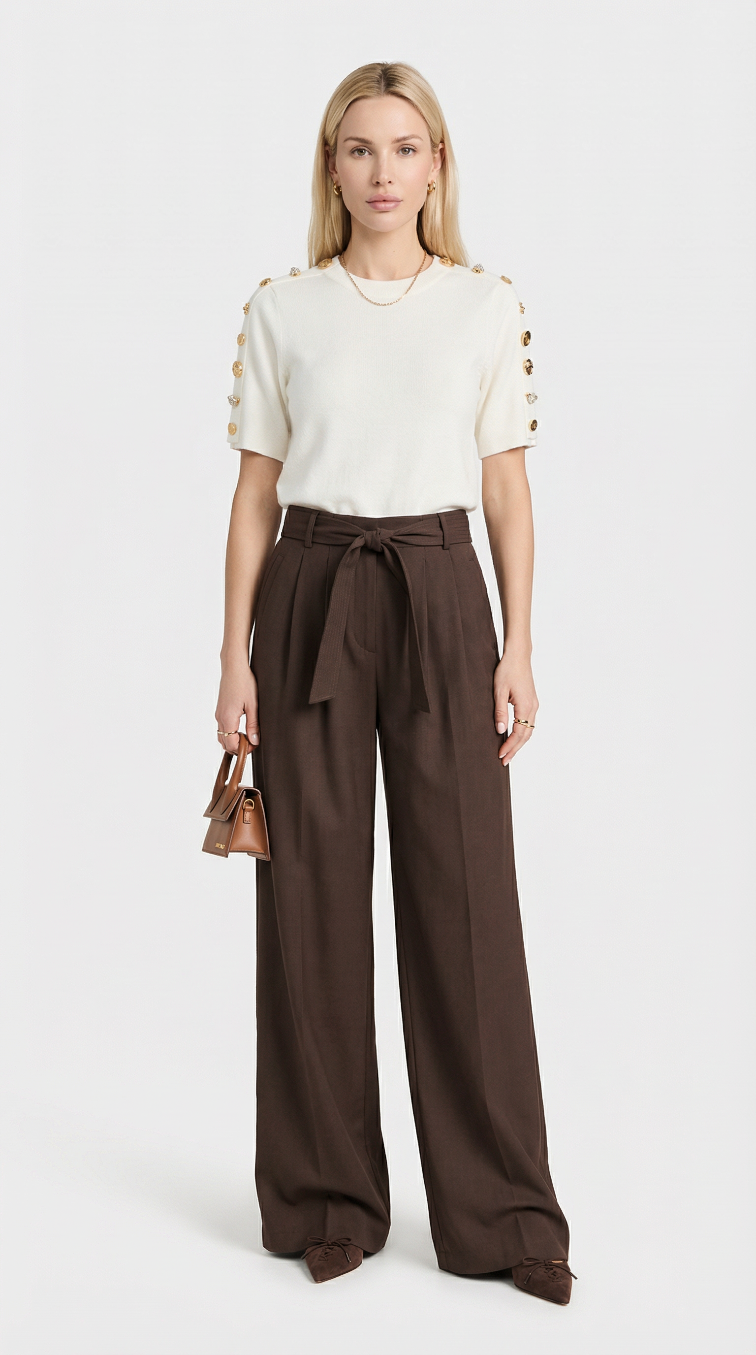 Nalo - Tie-Strap Pleated Wide-Legs Brown