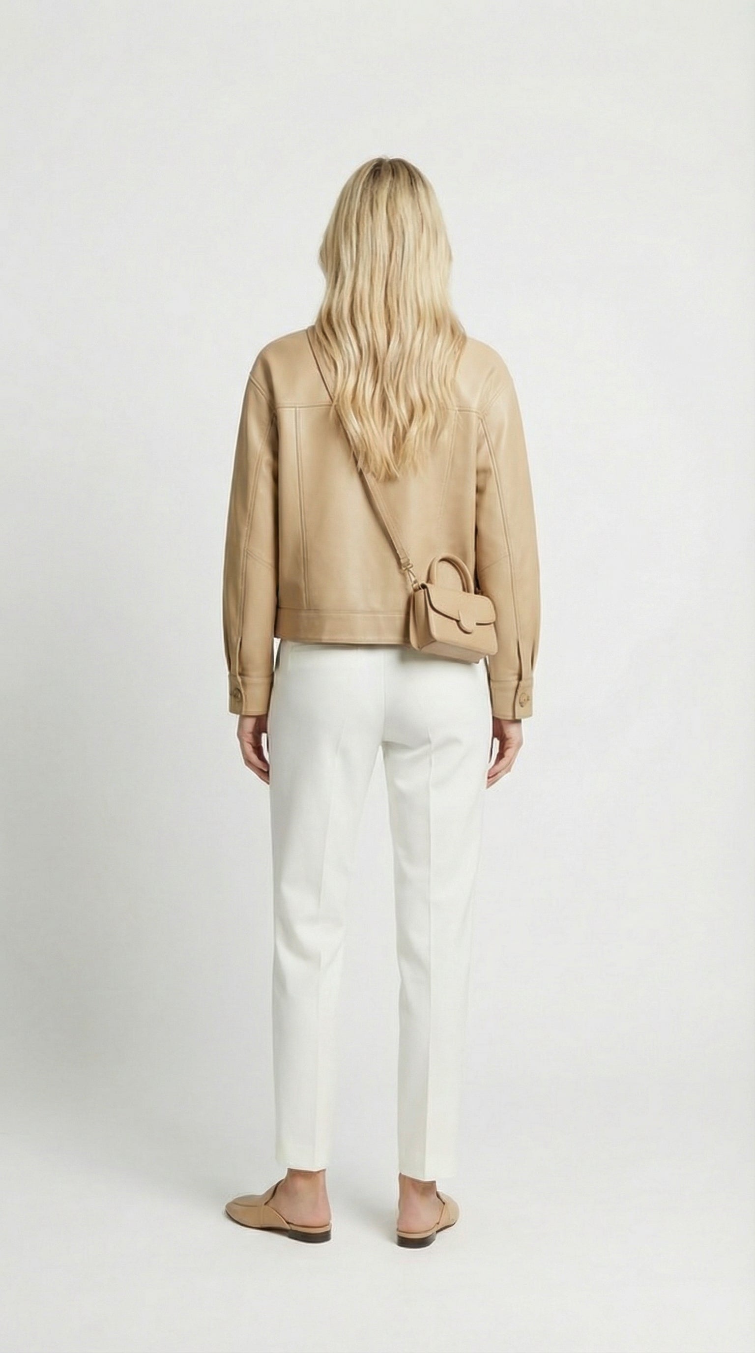 Cela - Square Collar Genuine Leather Short Jacket Beige