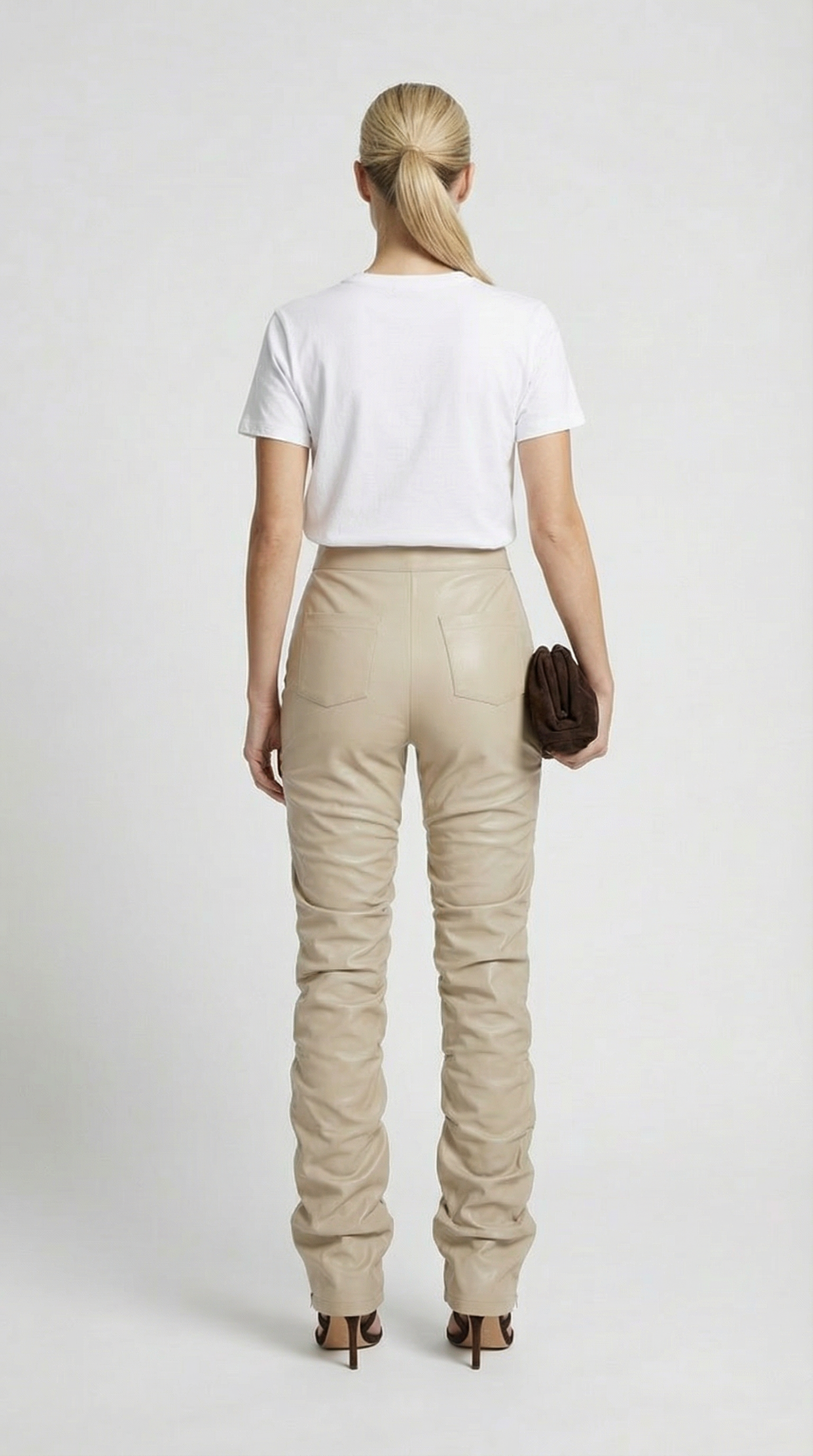Aven - High-Waist Stacked Vegan Leather Pants Ivory