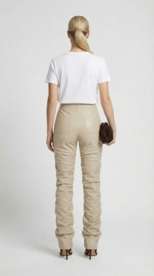 Aven - High-Waist Stacked Vegan Leather Pants Ivory