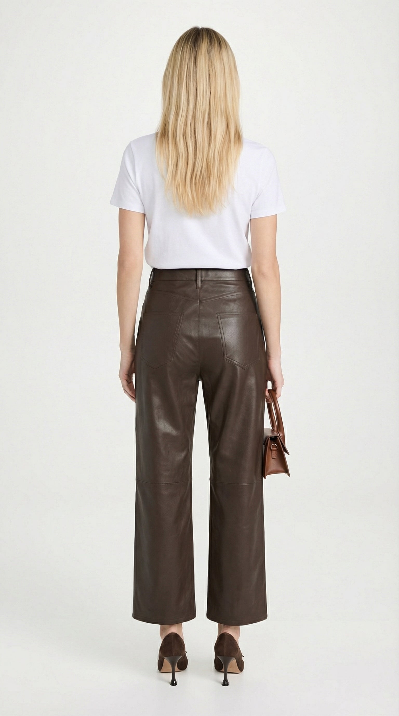 Lira - High Waist Genuine Leather Straight Cropped Trousers Brown