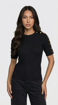 Avena - Metal Buckle Cotton Knitted T-shirt Black