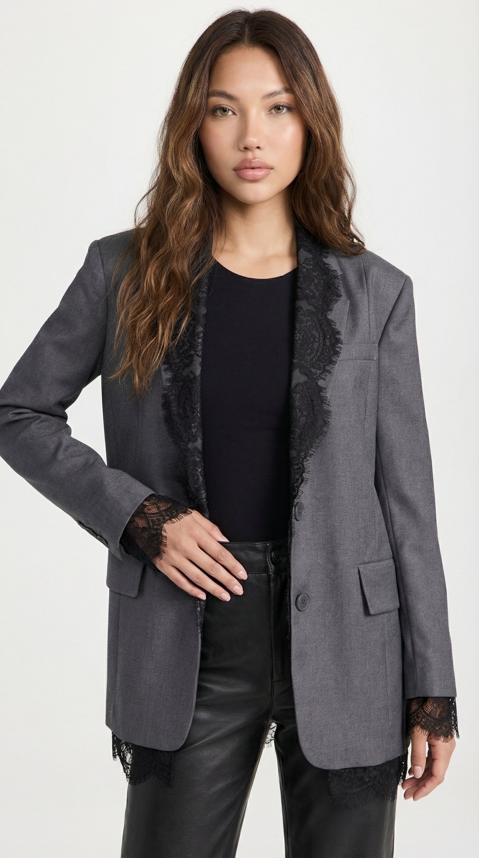 Elia - Chic Spliced Lace-Edge Blazer