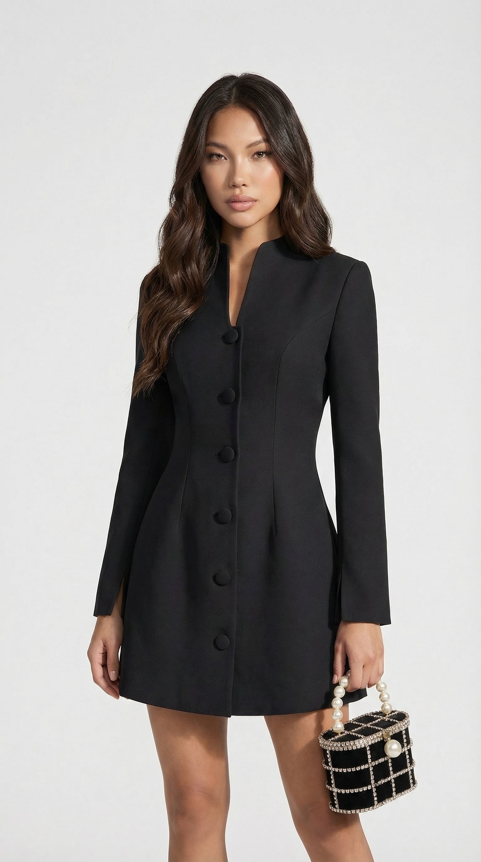 Savi - Stand-Collar Buttoned Office Blazer Dress Black