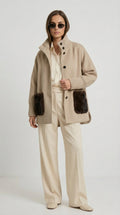 Seriss - Loose Knit Fur Sweater with Standup Collar Beige