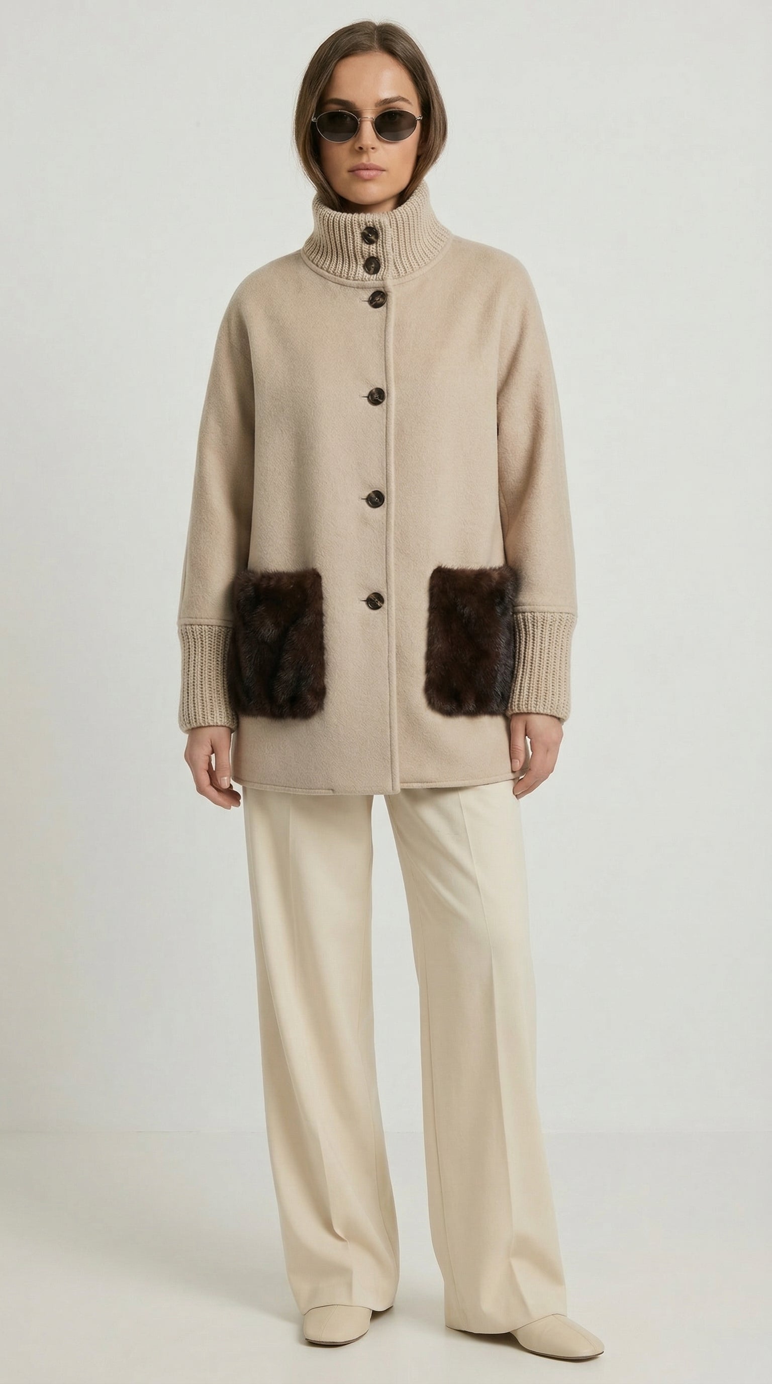Seriss - Loose Knit Fur Sweater with Standup Collar Beige