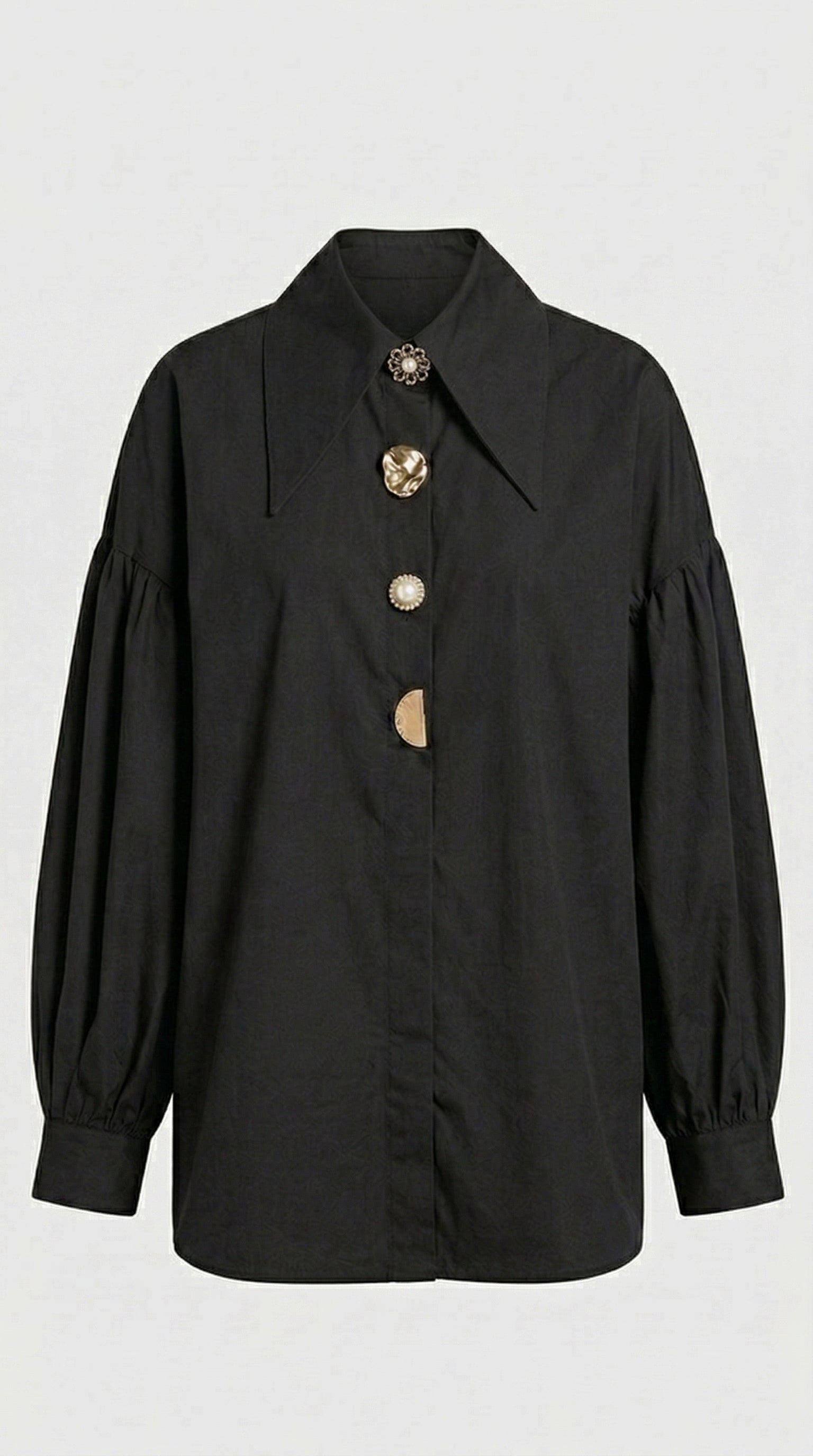 Verito - Loose Long Sleeve Shirt with Pointed Collar and Jewellery Buttons Black