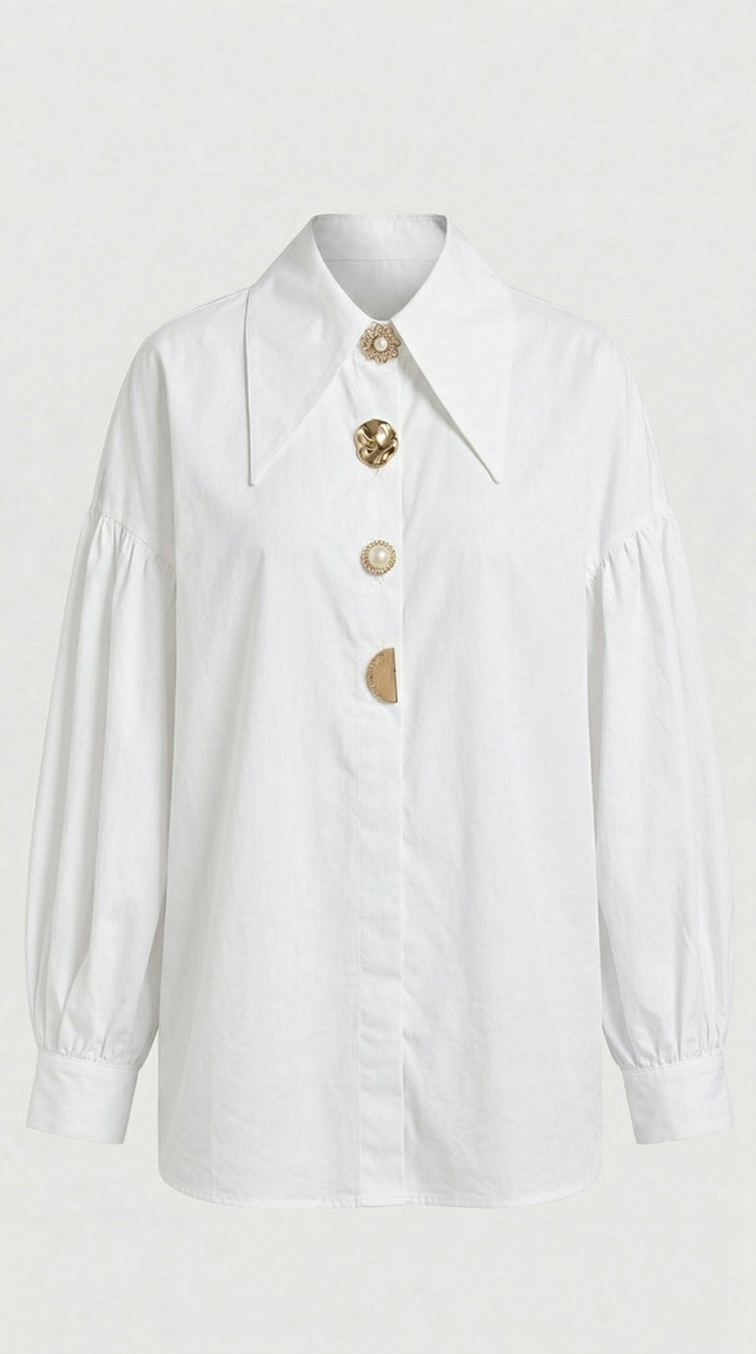Verito - Loose Long Sleeve Shirt with Pointed Collar and Jewellery Buttons White