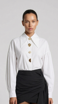 Verito - Loose Long Sleeve Shirt with Pointed Collar and Jewellery Buttons White