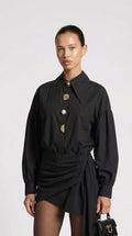 Verito - Loose Long Sleeve Shirt with Pointed Collar and Jewellery Buttons Black