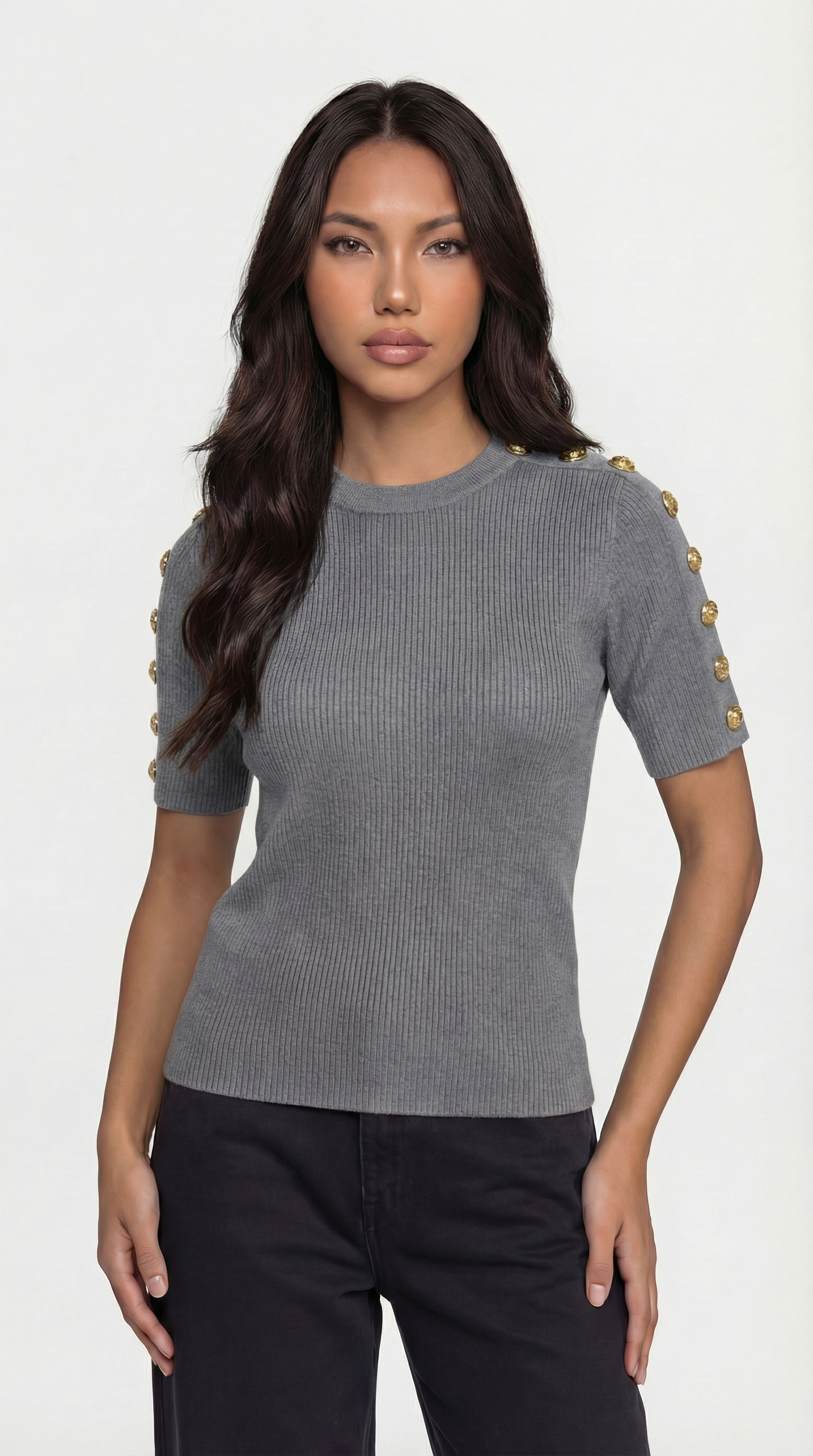 Avena - Metal Buckle Cotton Knitted T-shirt Gray