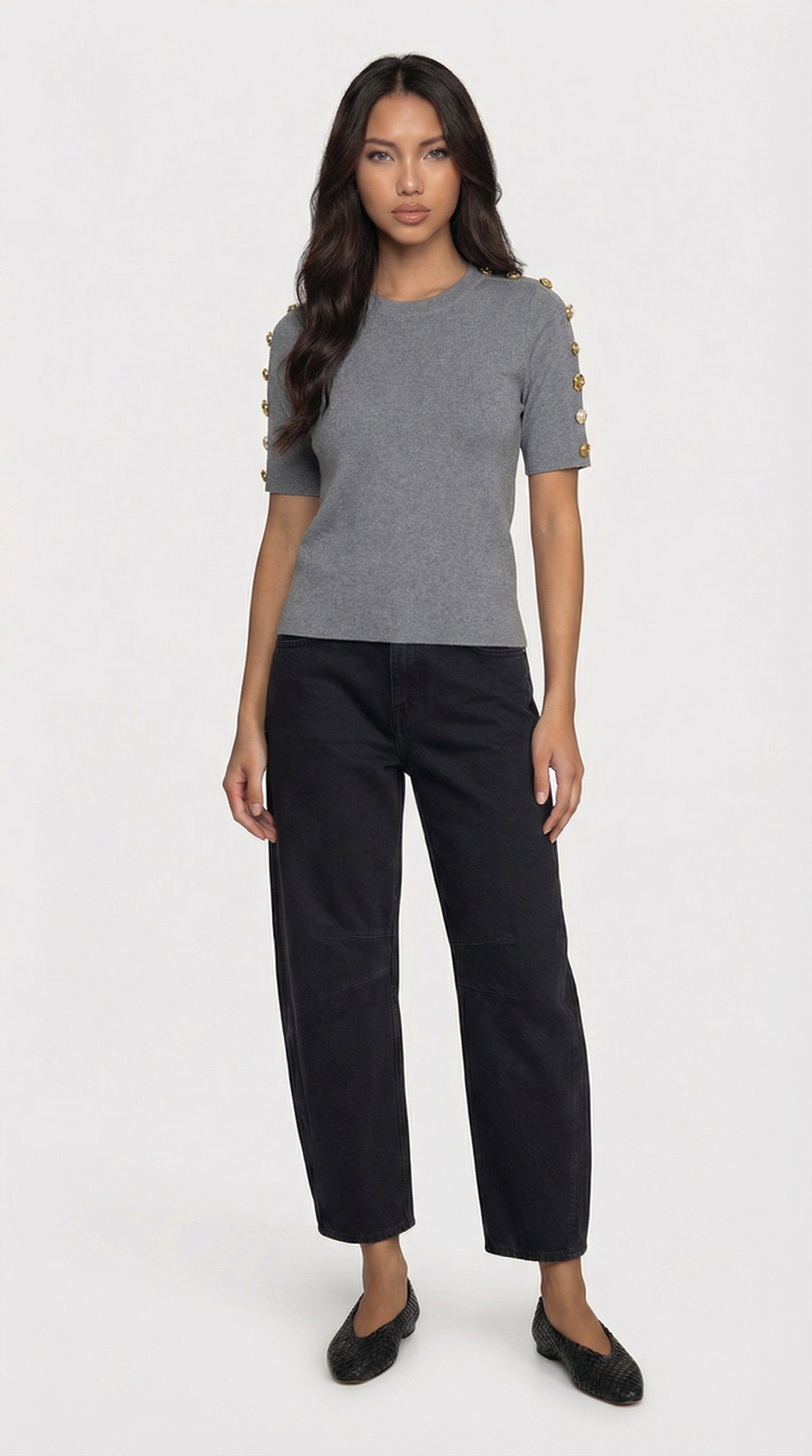 Avena - Metal Buckle Cotton Knitted T-shirt Gray