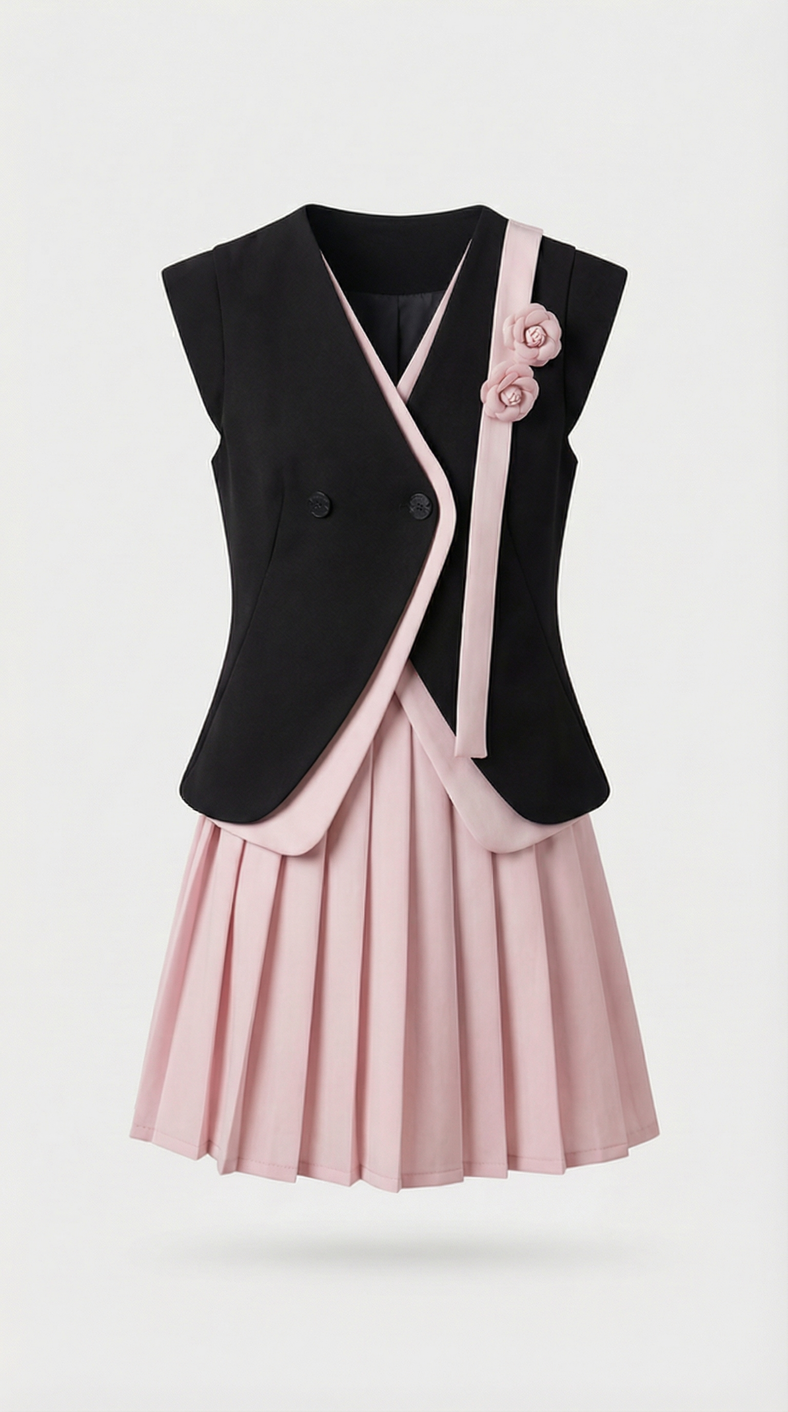 Kory - Asymmetric Vest & Pleated Skirt Set Pink