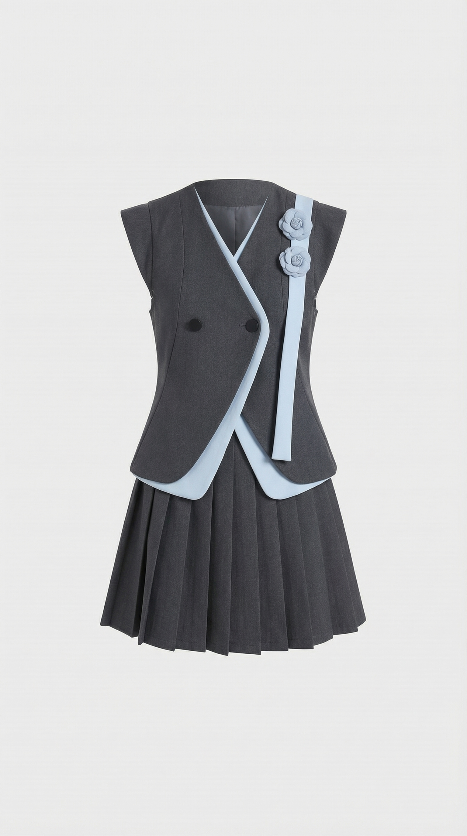Kory - Asymmetric Vest & Pleated Skirt Set Grey