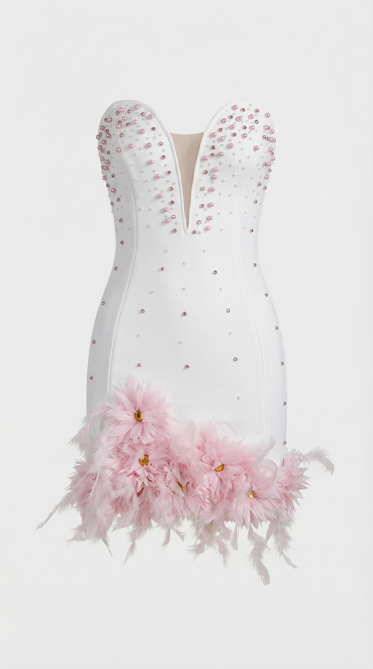 Bless - Pearl-Embellished Feather Hem Mini Dress