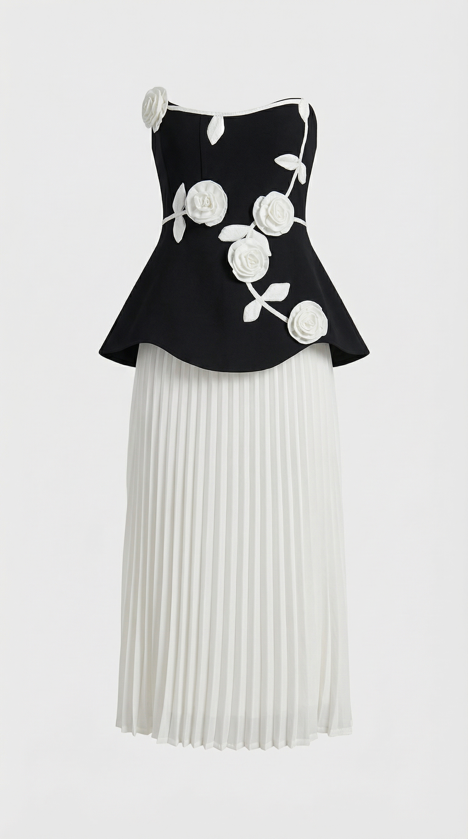 Oro - 3D Floral Peplum & Pleated Maxi Dress Black