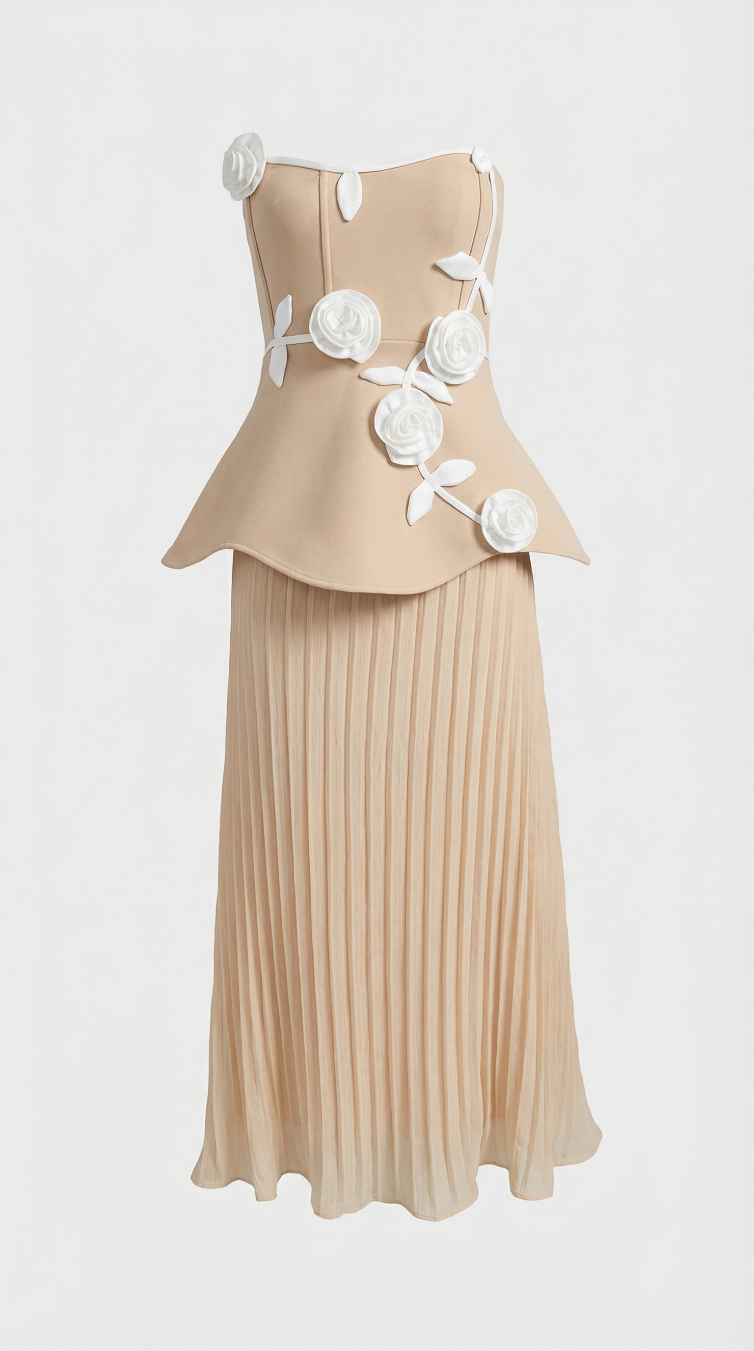Oro - 3D Floral Peplum & Pleated Maxi Dress Beige