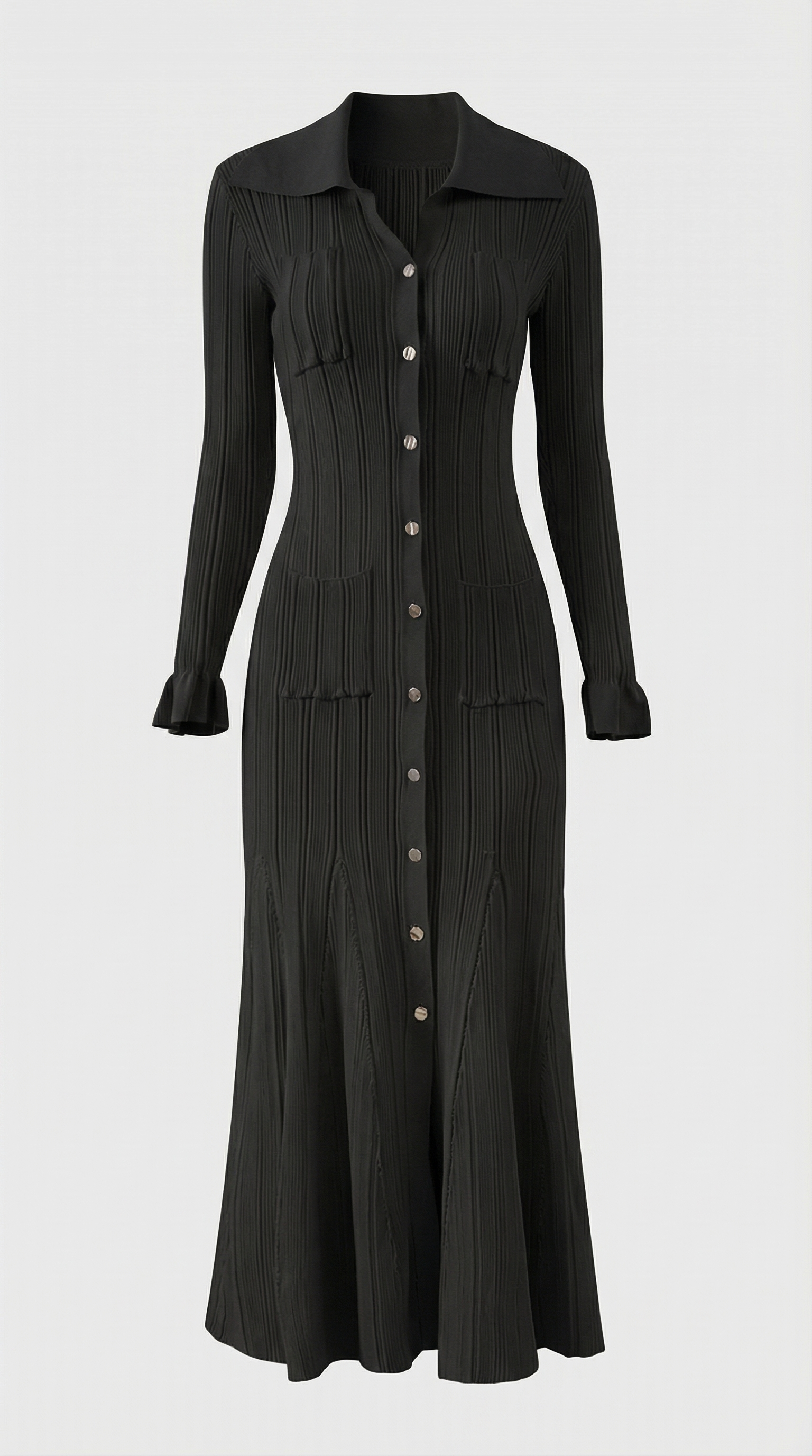 Kena - Ribbed Knit Button-Down Midi Dress Black