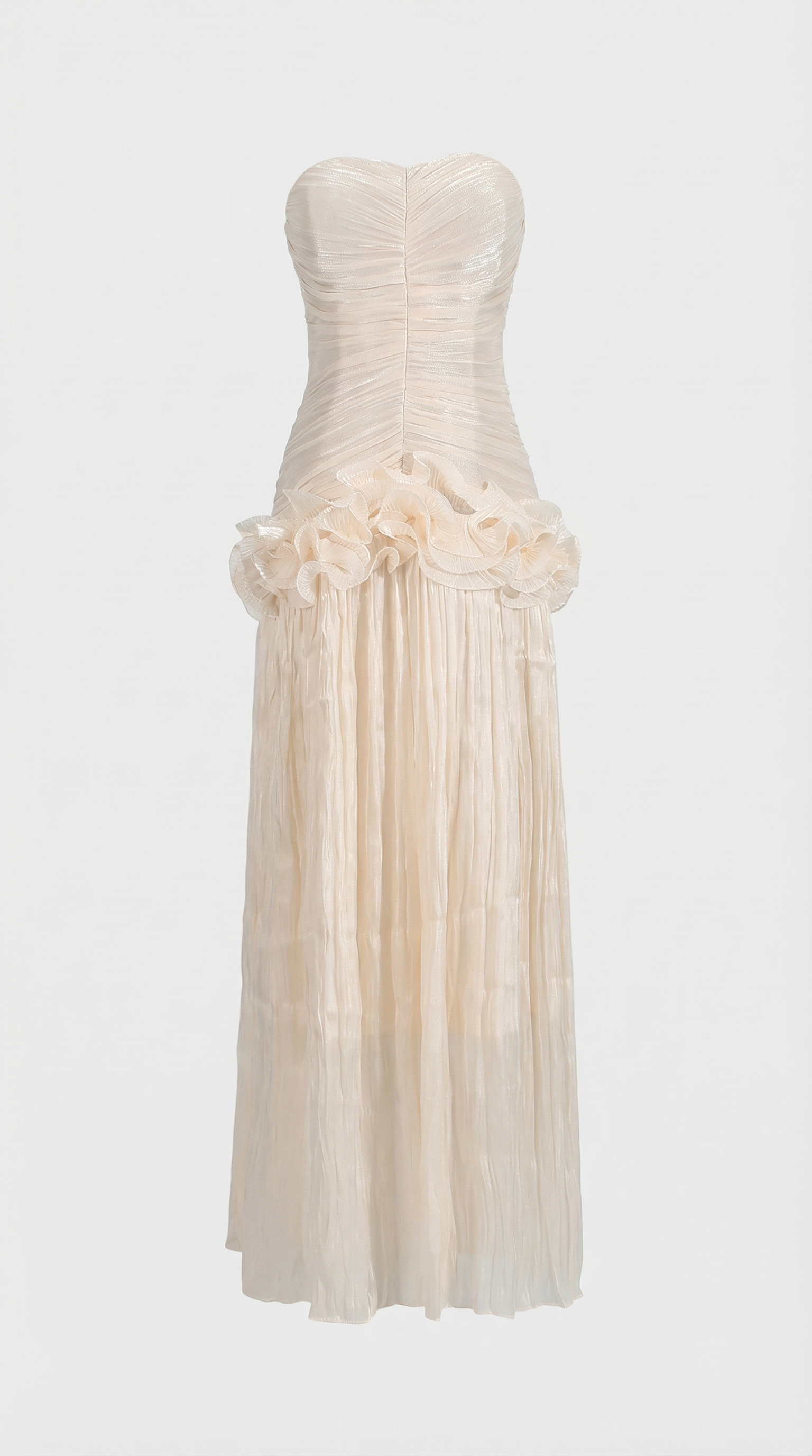 Miri - Metallic Pleated Strapless Maxi Dress Ivory