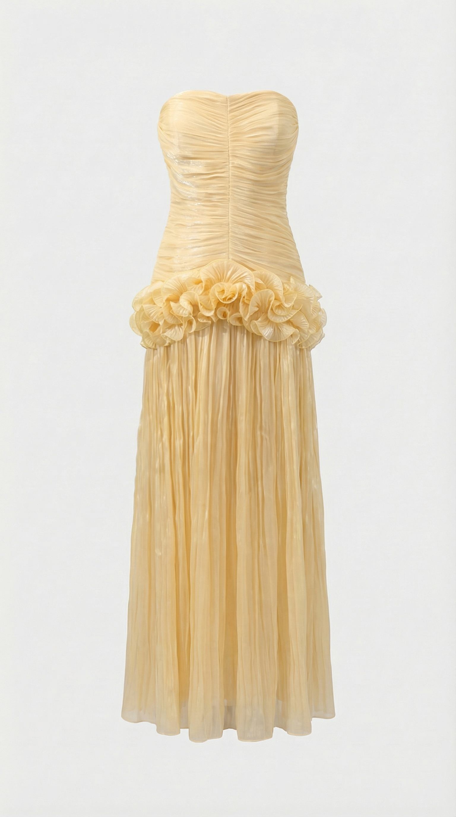 Miri - Metallic Pleated Strapless Maxi Dress Yellow