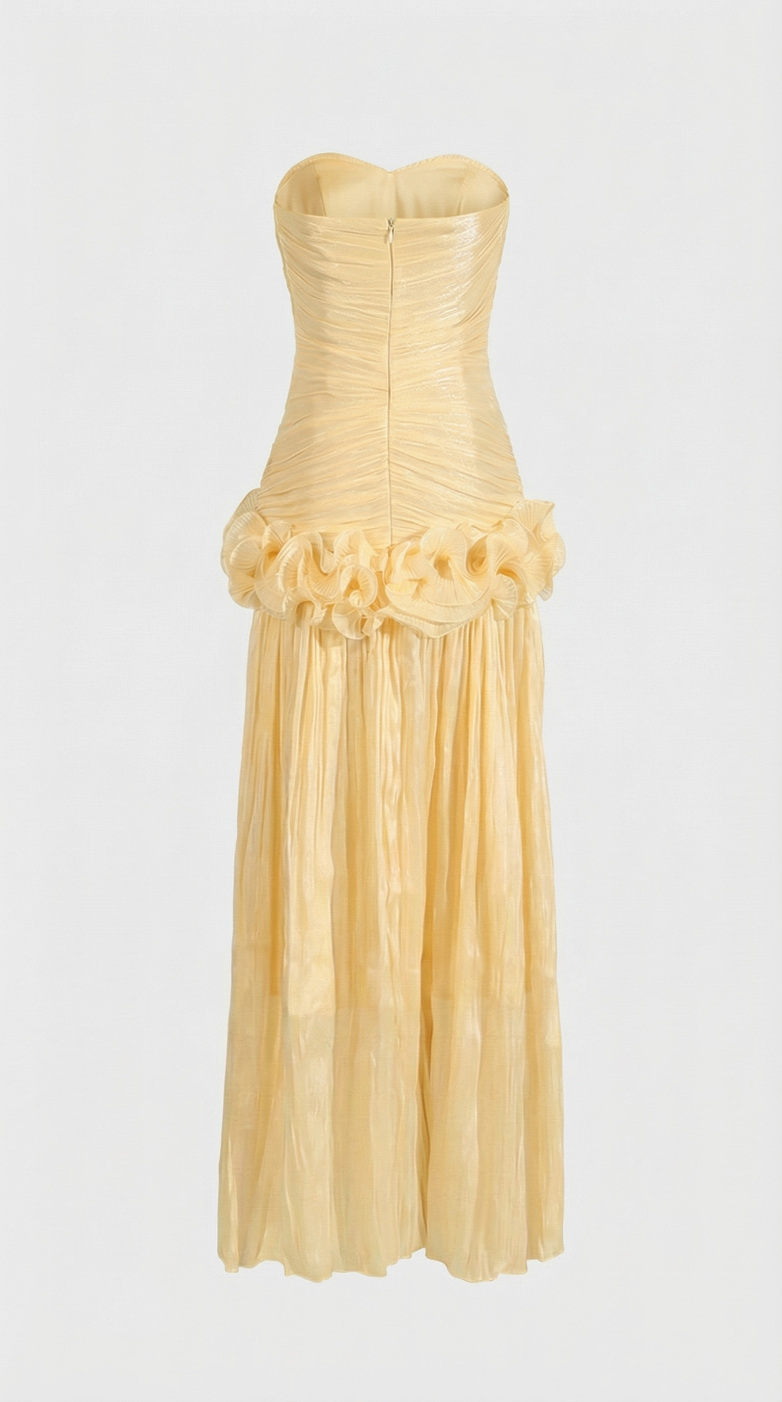 Miri - Metallic Pleated Strapless Maxi Dress Yellow