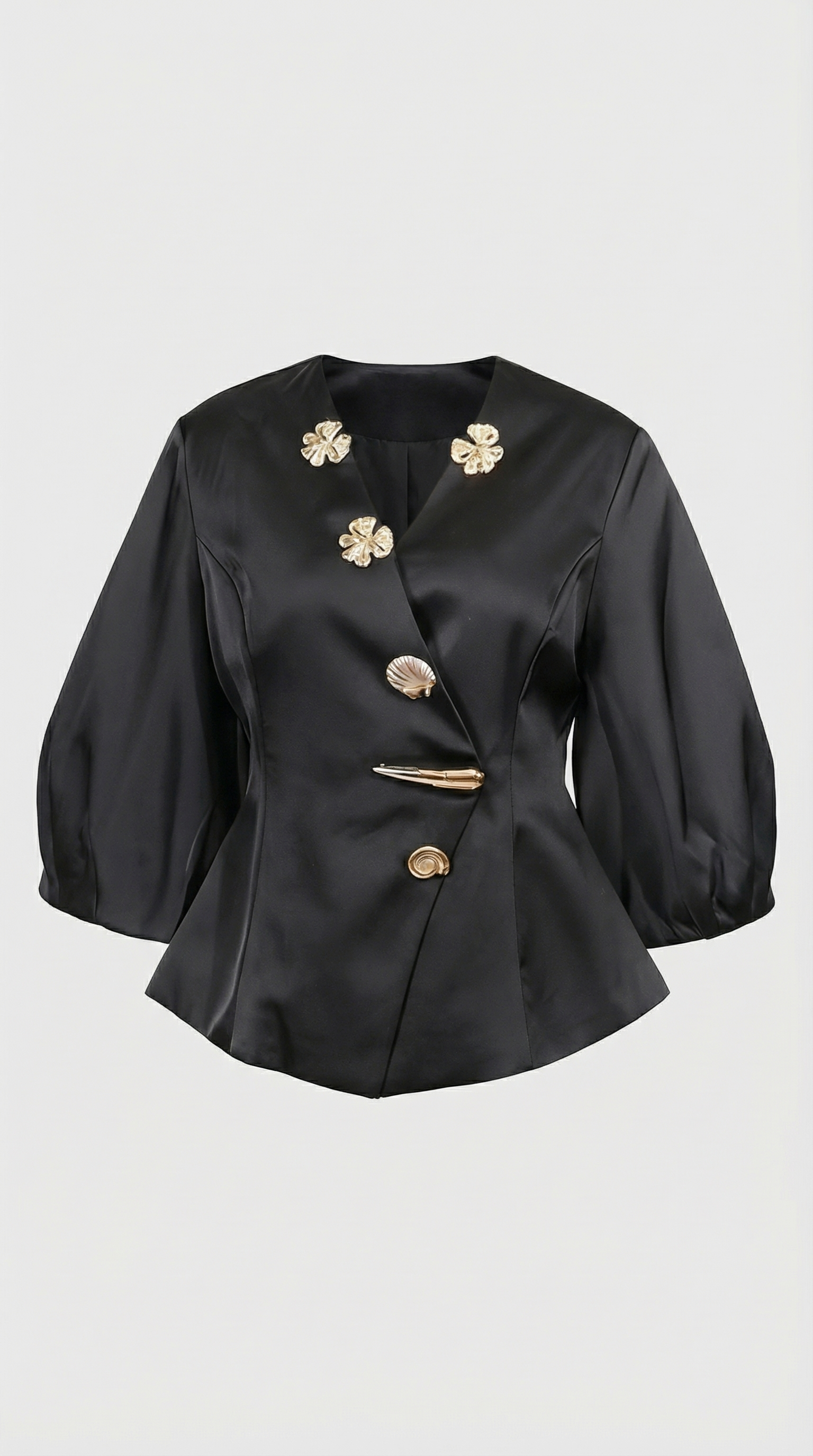 Keni - Metal-Button Puff-Sleeve Top Black