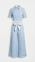 SENTI - CONJUNTO DE CAMISA CORTA DE ENCAJE Y PANTALÓN DE PIERNA ANCHA AZUL
