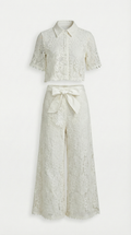 SENTI - CONJUNTO DE CAMISA CORTA DE ENCAJE Y PANTALÓN DE PIERNA ANCHA BLANCO