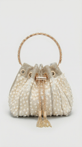 Esla - Pearl & Crystal-Embellished Drawstring Bucket Bag Beige