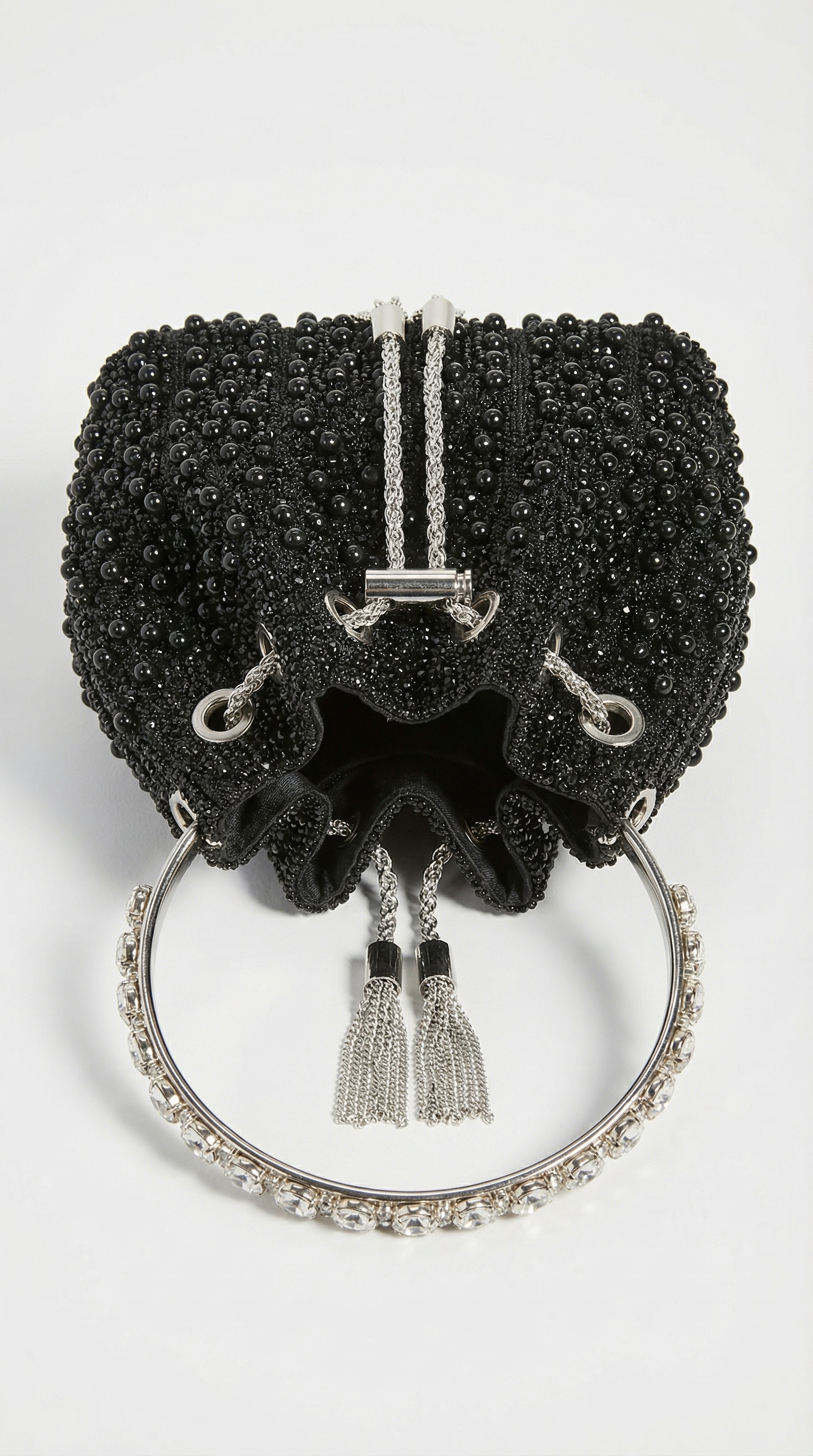 Esla - Pearl & Crystal-Embellished Drawstring Bucket Bag Black