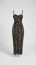 LOTRI - VESTIDO MIDI BUSTIER CON PANELES DE ENCAJE FLORAL