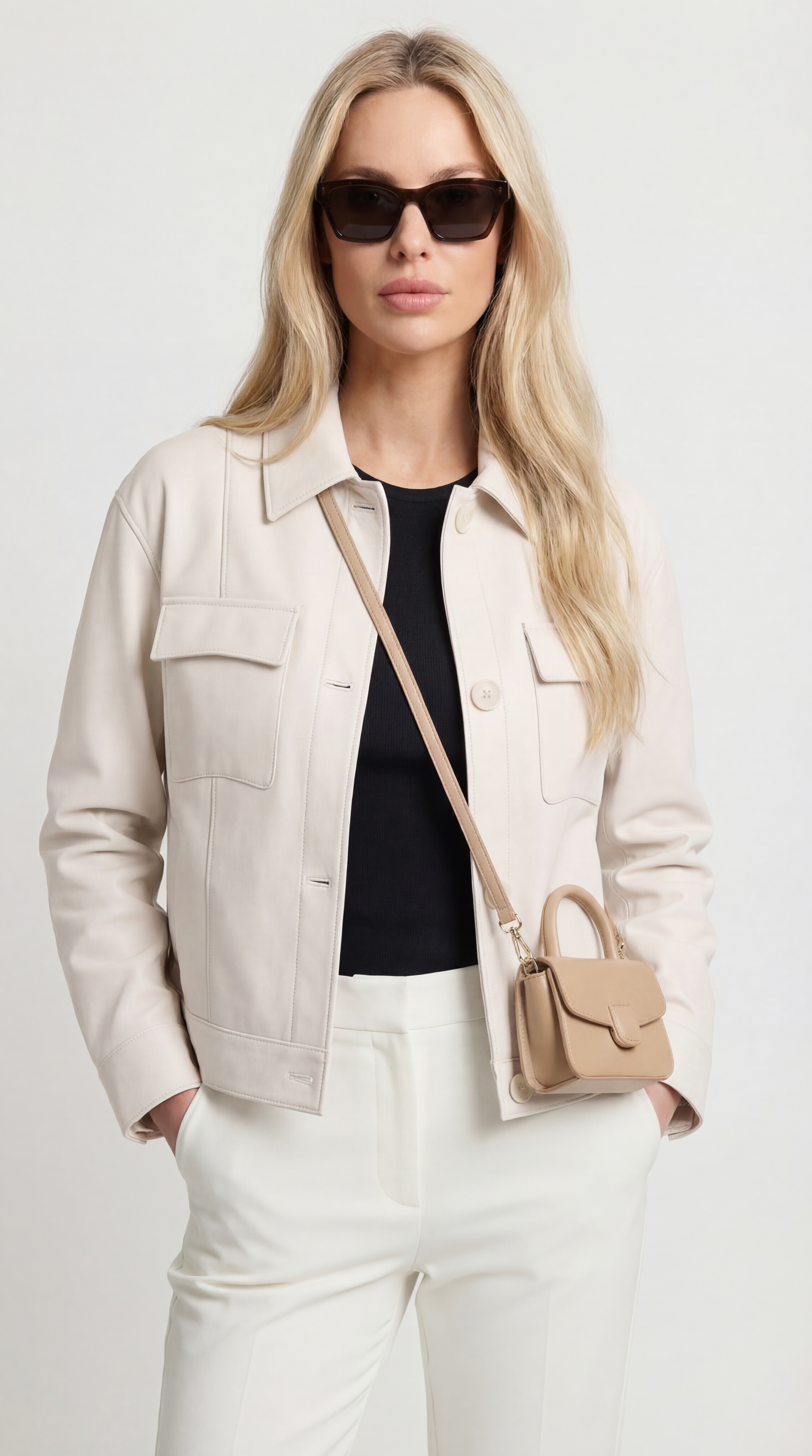 Cela - Square Collar Genuine Leather Short Jacket White