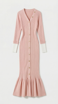YVA - VESTIDO COLA DE PESCADO PARA MUJER CON ESCOTE EN V PROFUNDO Y BOTONES DE JOYERÍA ROSA