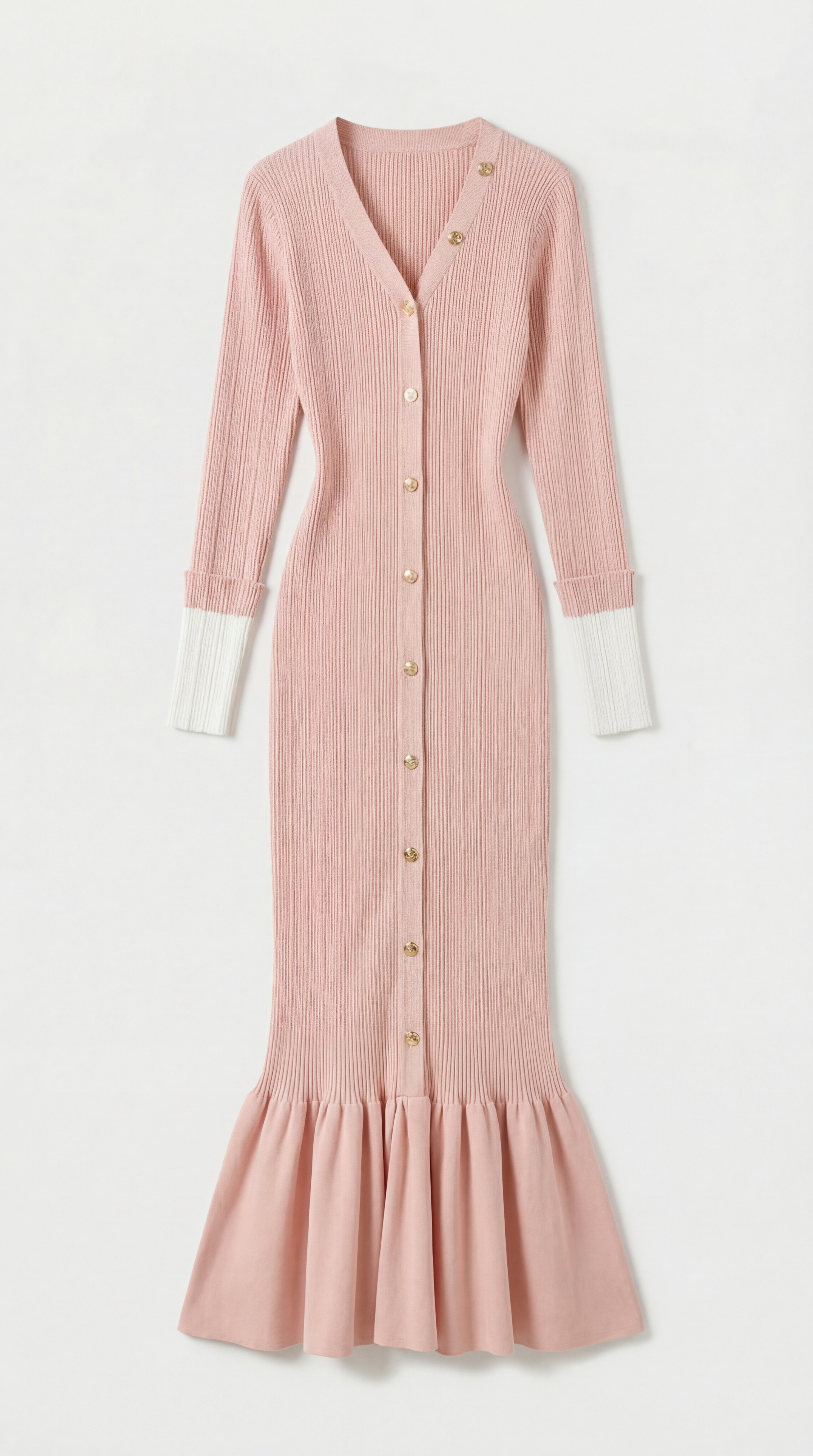 Yva - Fishtail Dress Women with Deep V Neck and Jewellery Buttons Pink