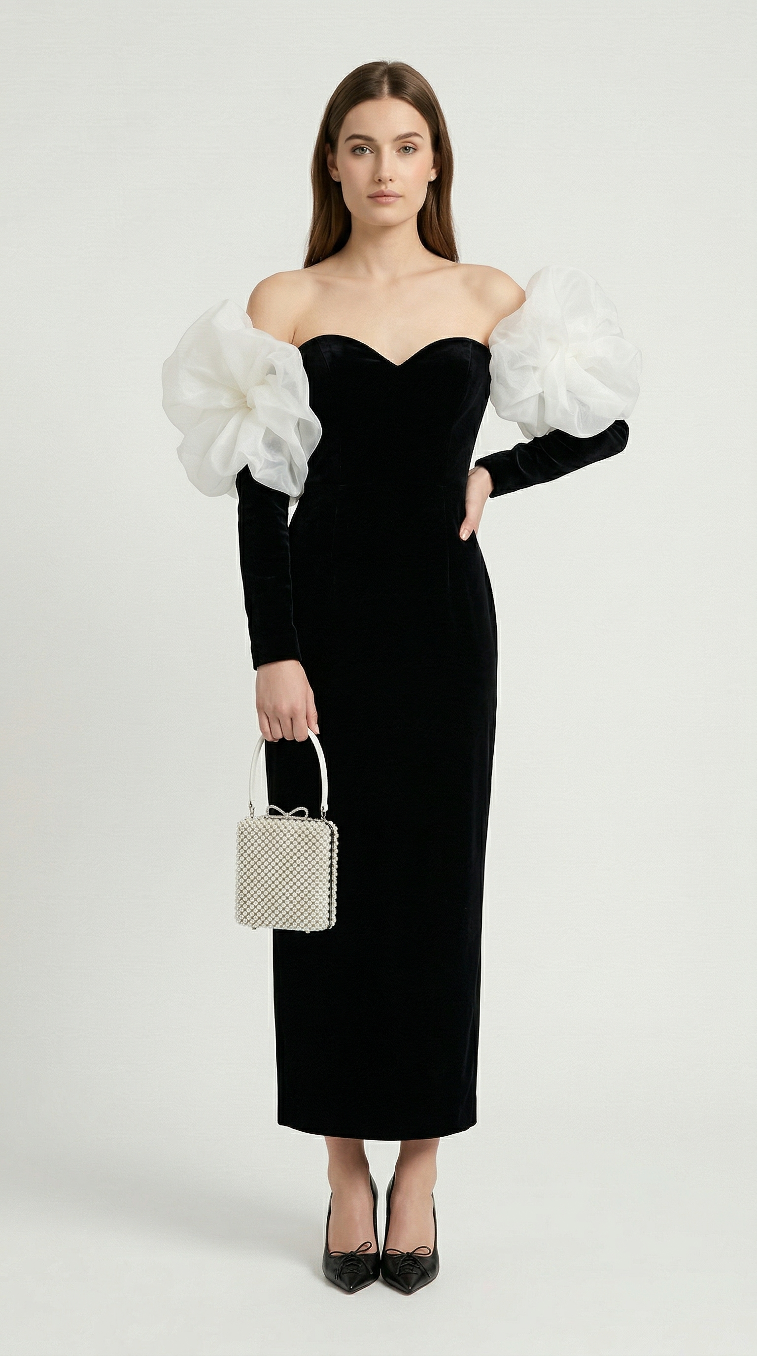 Druti - Puff-Sleeve Velvet Column Maxi Dress
