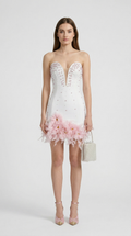 Bless - Pearl-Embellished Feather Hem Mini Dress