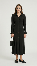 Kena - Ribbed Knit Button-Down Midi Dress Black