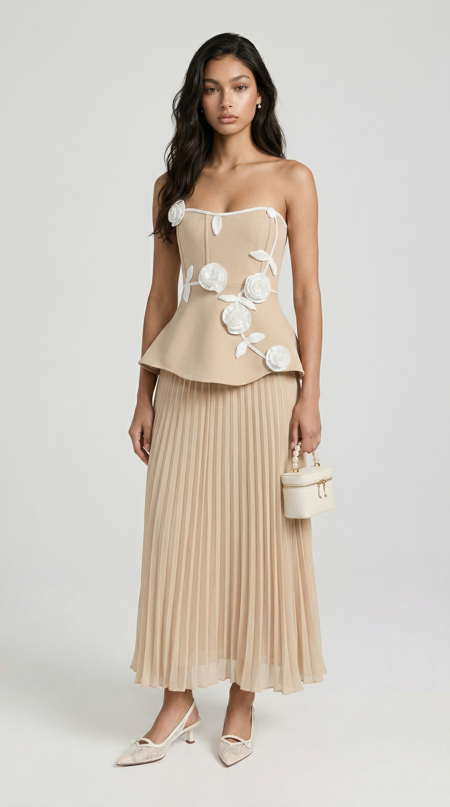 Oro - 3D Floral Peplum & Pleated Maxi Dress Beige