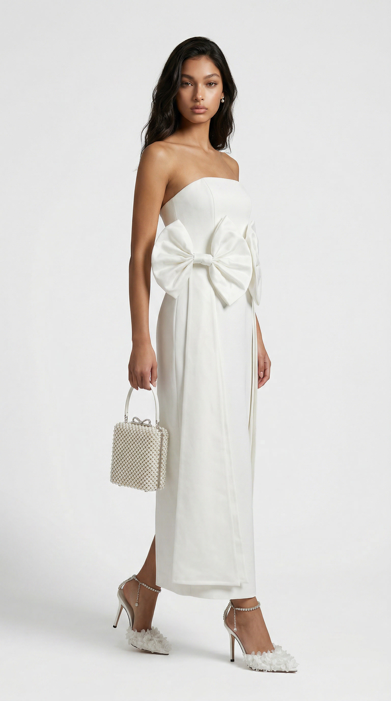 Keli - Triple-Bow Strapless Column Maxi Dress White