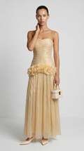 Miri - Metallic Pleated Strapless Maxi Dress Yellow