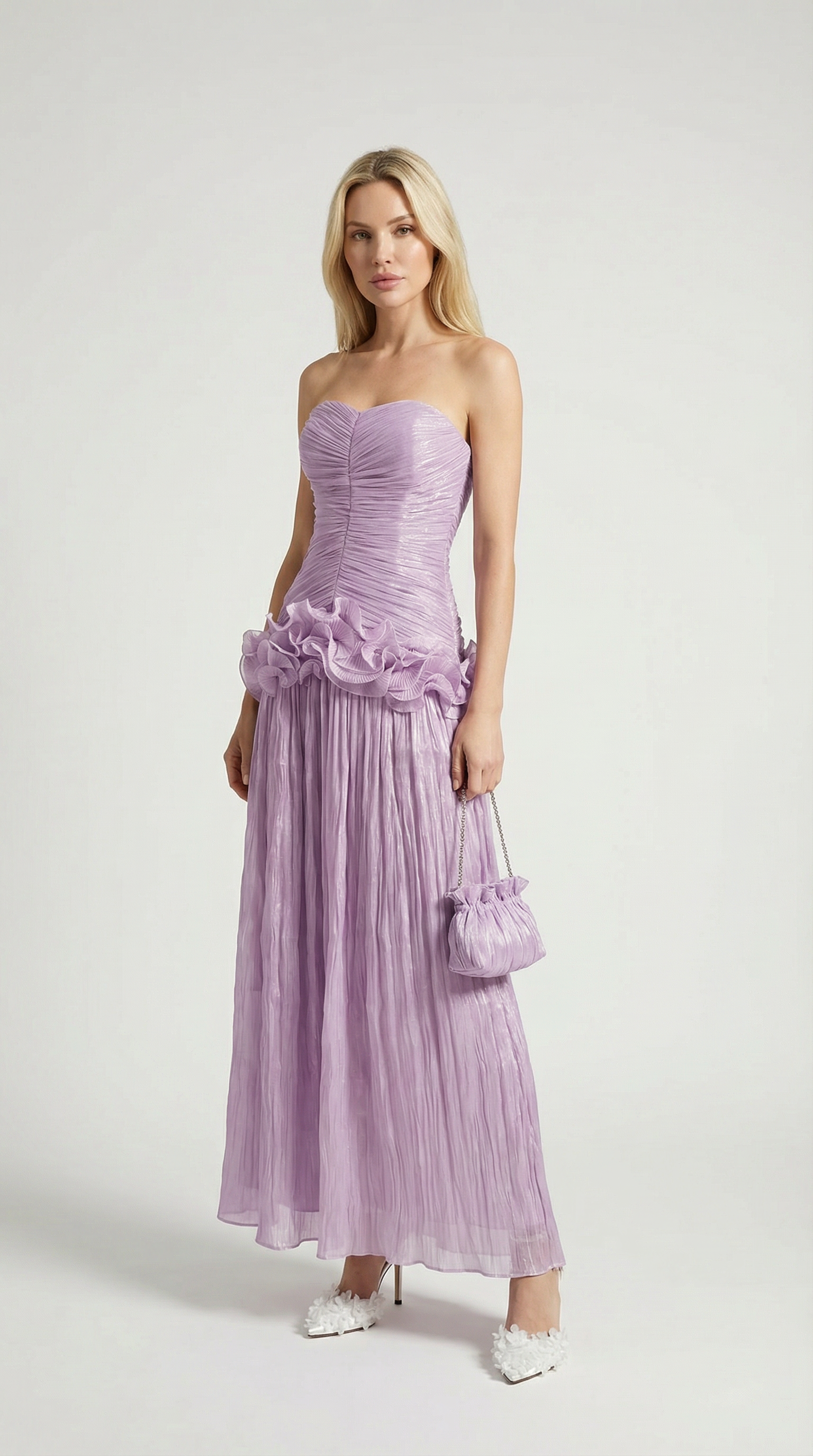 Miri - Metallic Pleated Strapless Maxi Dress Purple