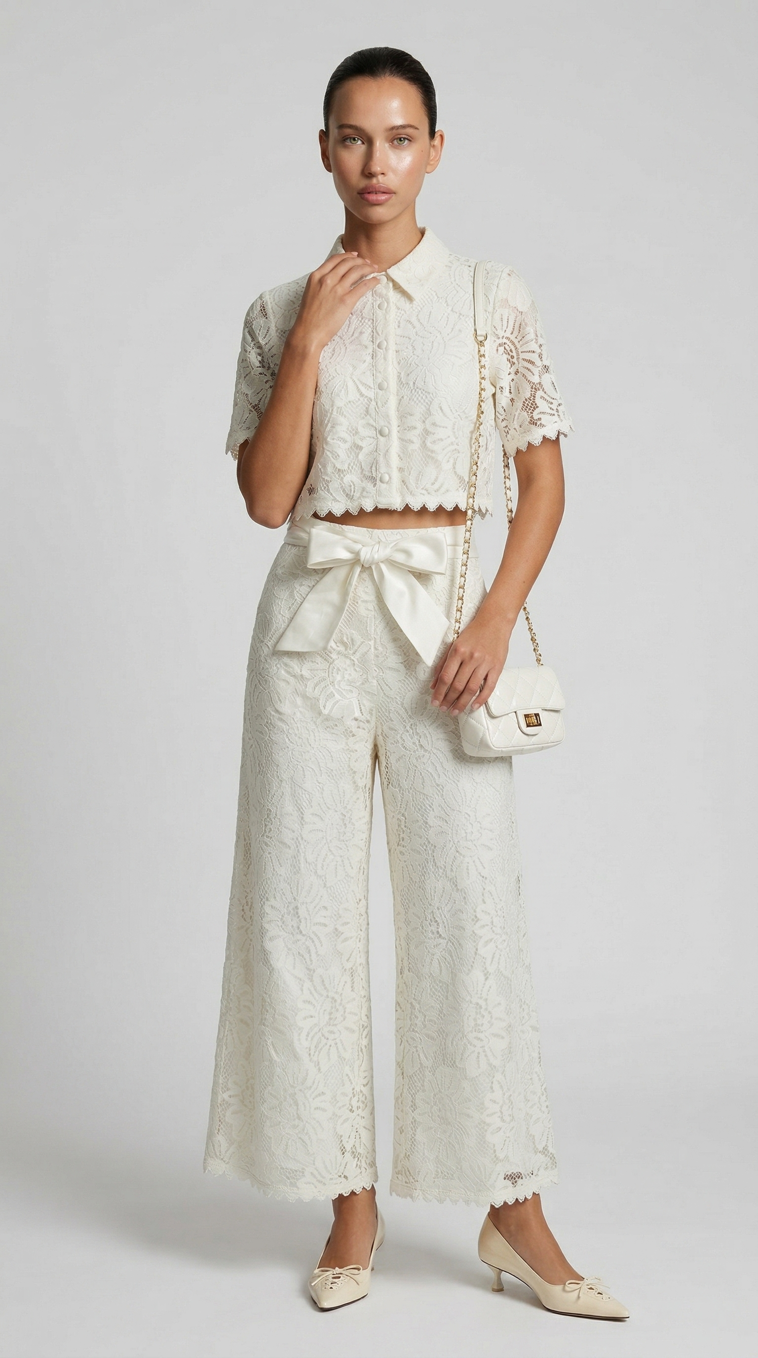 Senti - Cropped Lace Shirt & Wide-Leg Trouser Set White