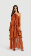 Zeli - Tiered Ruffle Halter Maxi Dress Orange
