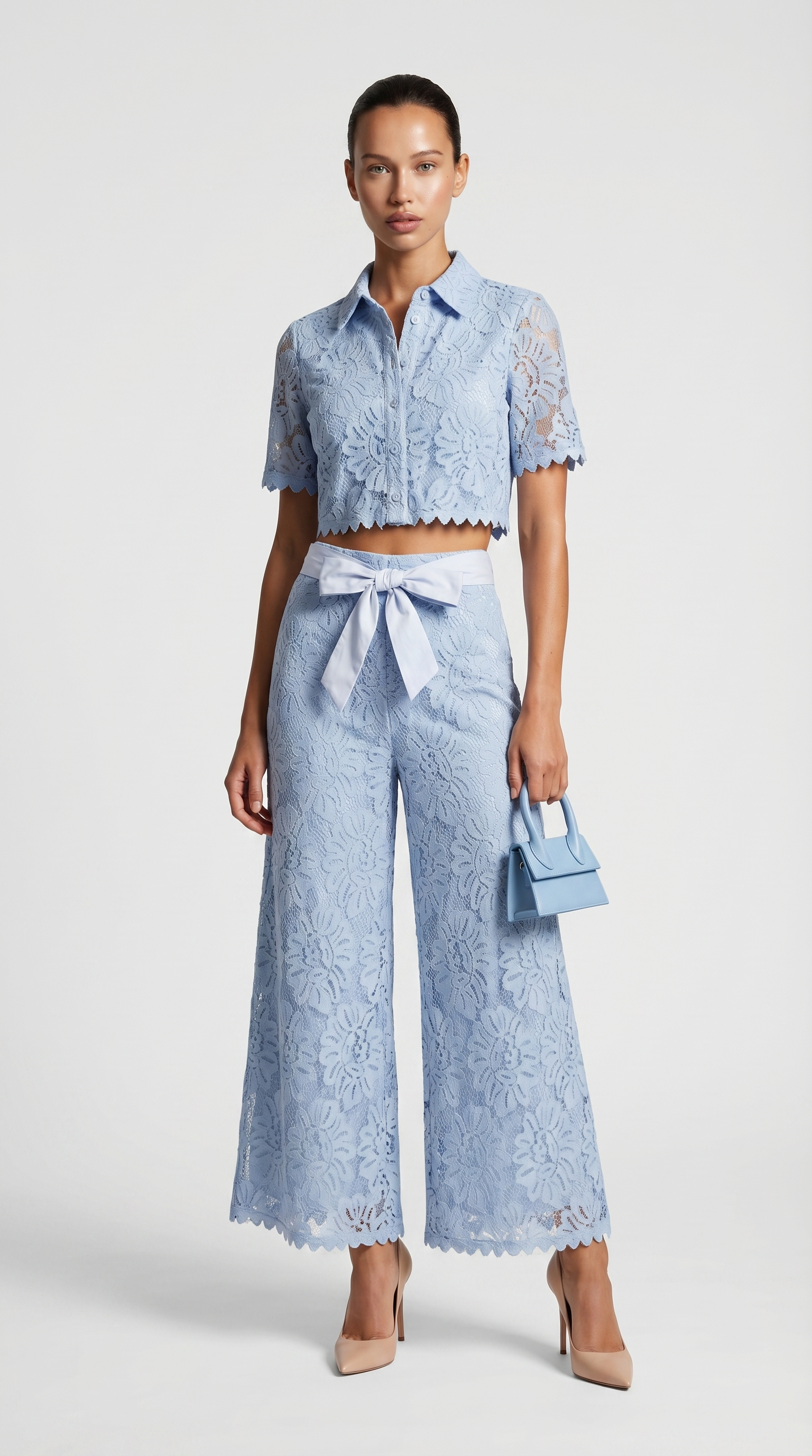 Senti - Cropped Lace Shirt & Wide-Leg Trouser Set Blue
