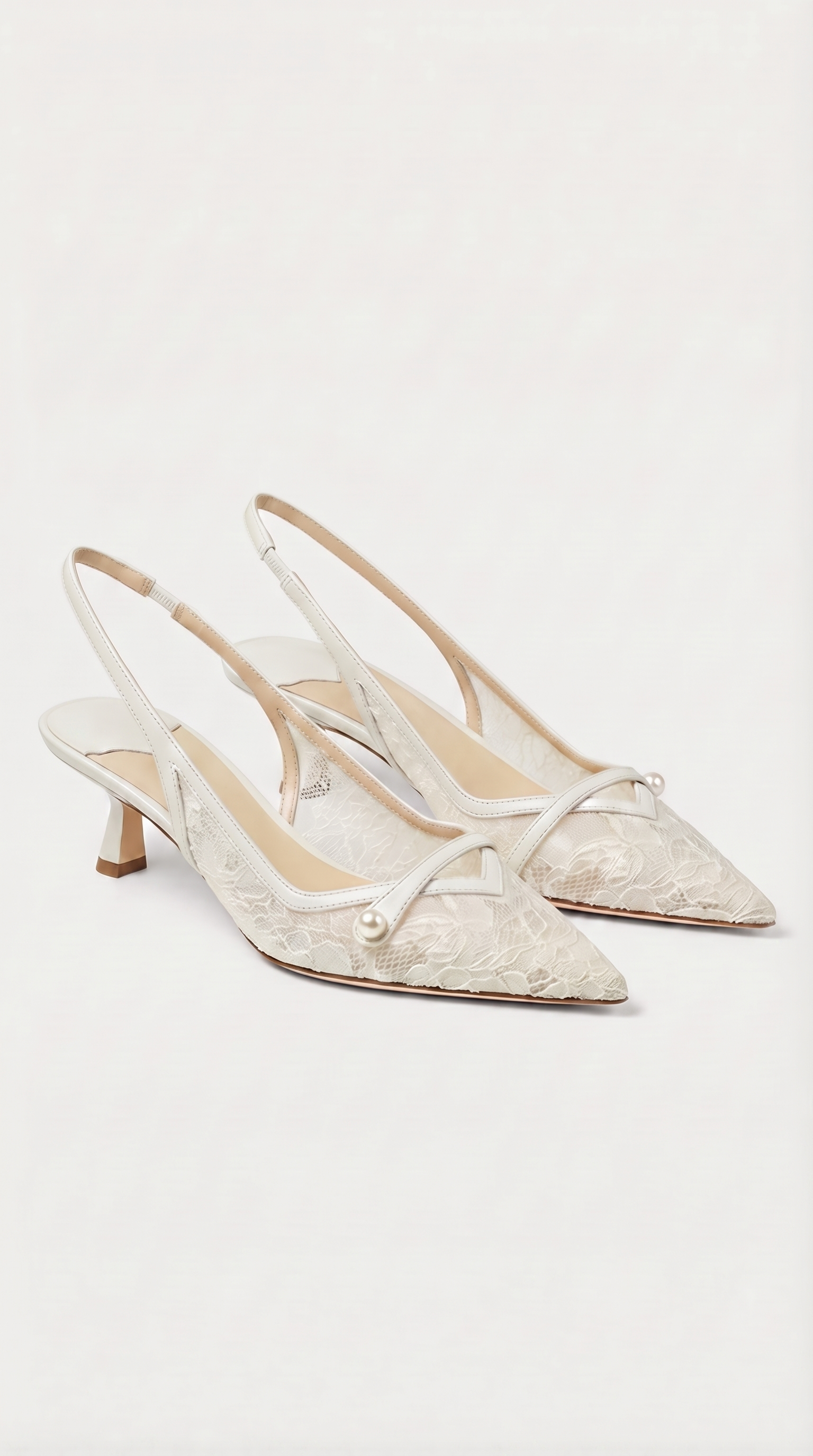 Camy - Lace-Paneled Pearl Slingback Kitten Heel White
