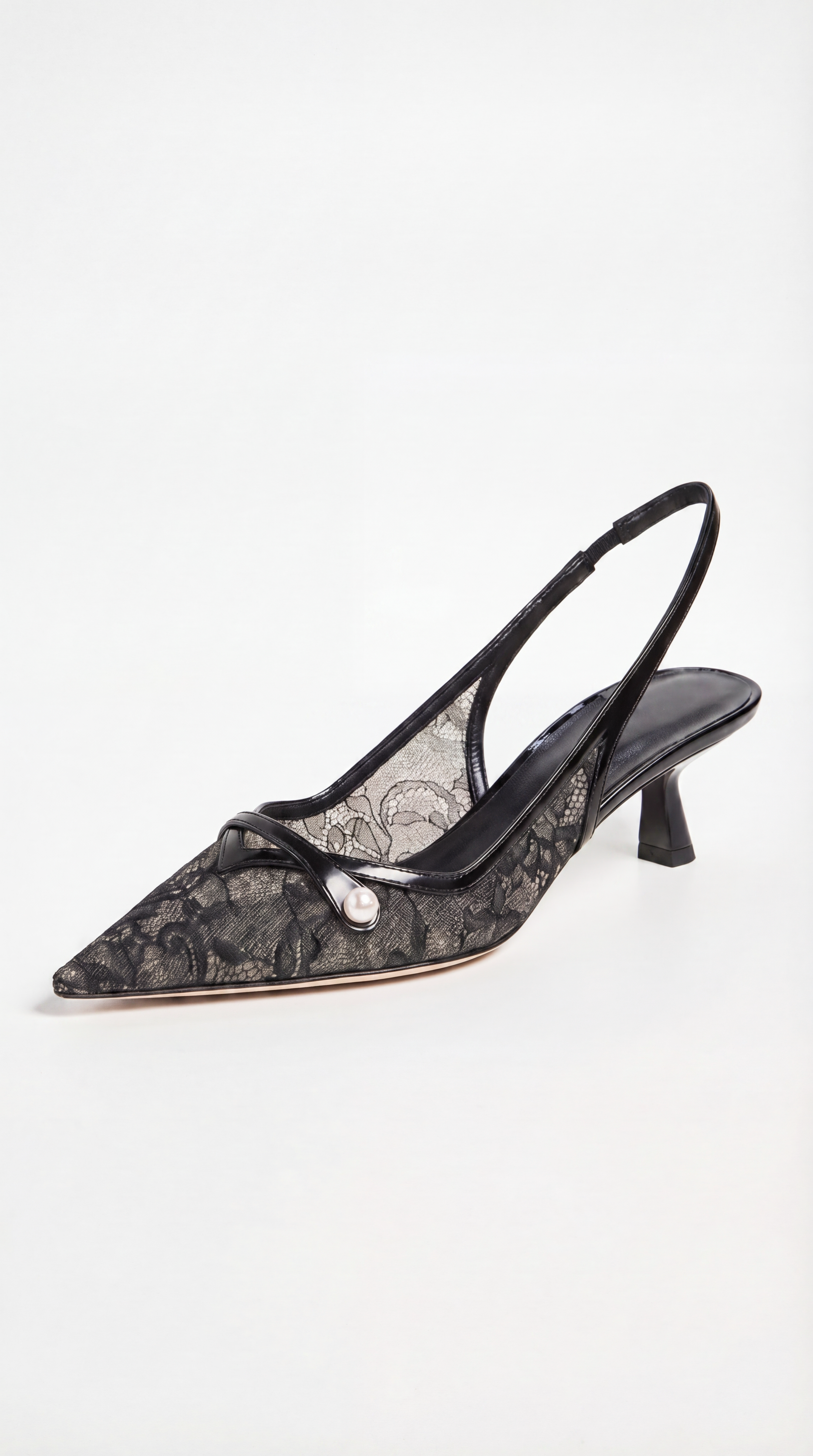 Camy - Lace-Paneled Pearl Slingback Kitten Heel Black