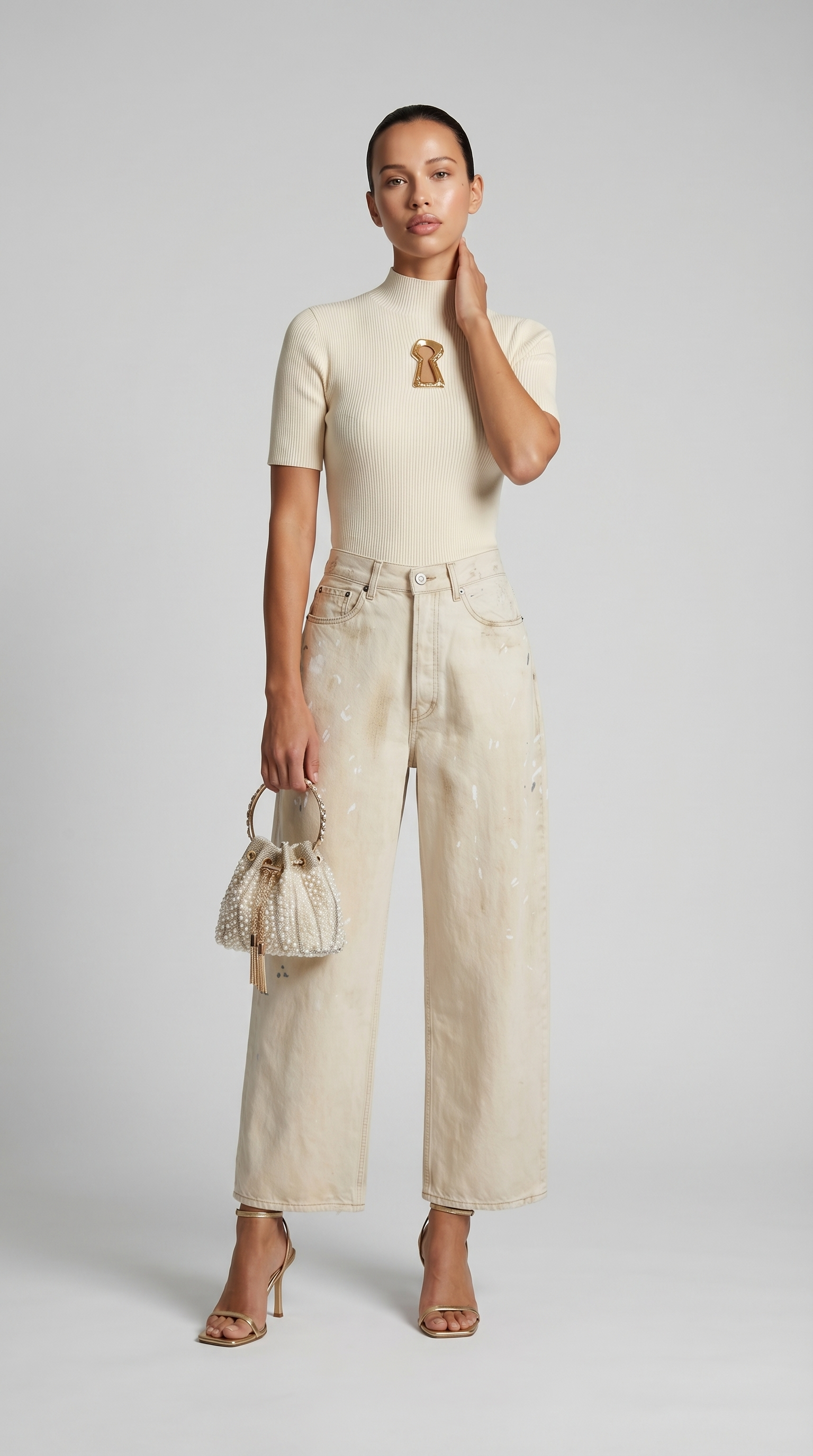 Solo - Keyhole-Detail Ribbed Knit Top Beige