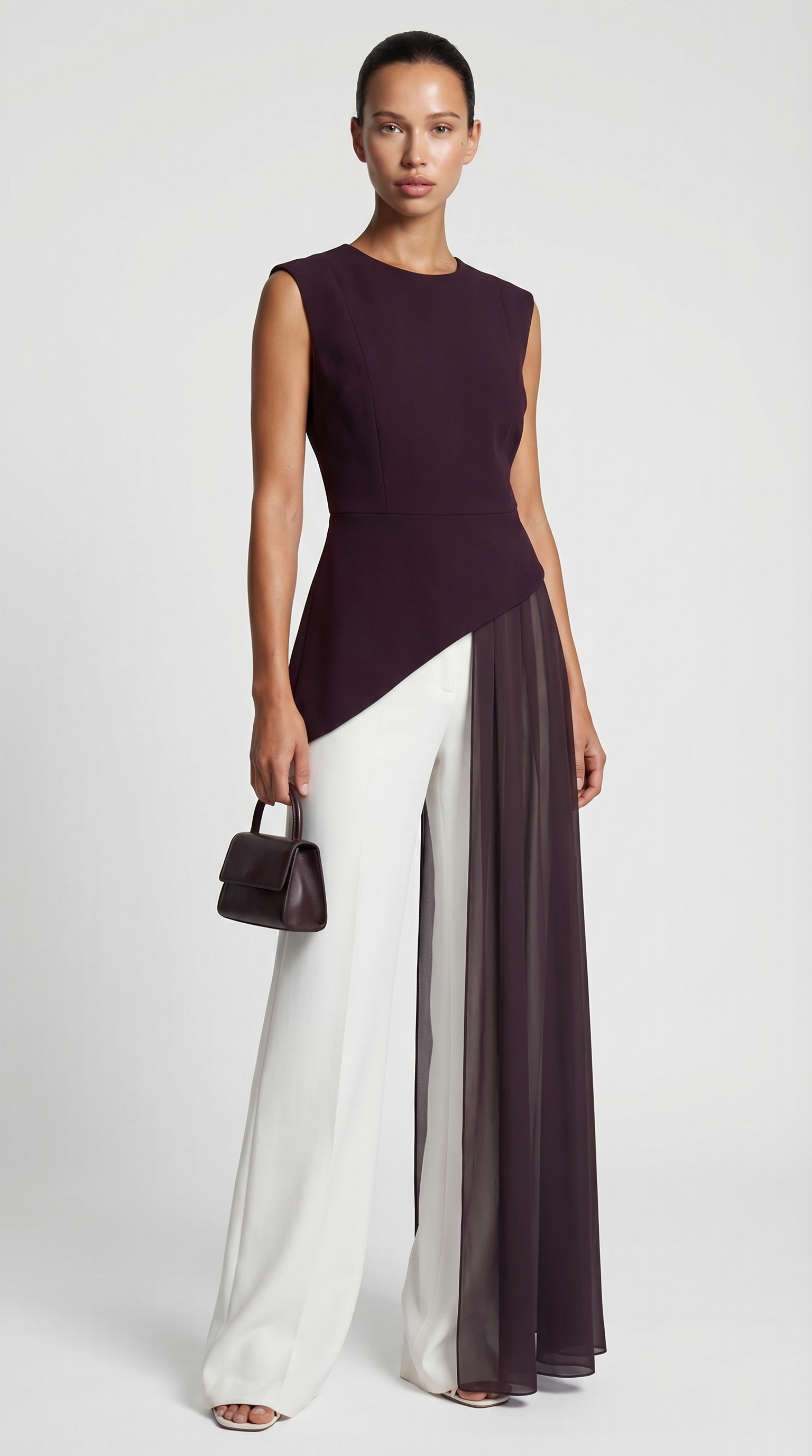 Mara - Asymmetrical Chiffon-Draped Peplum Top Burgundy